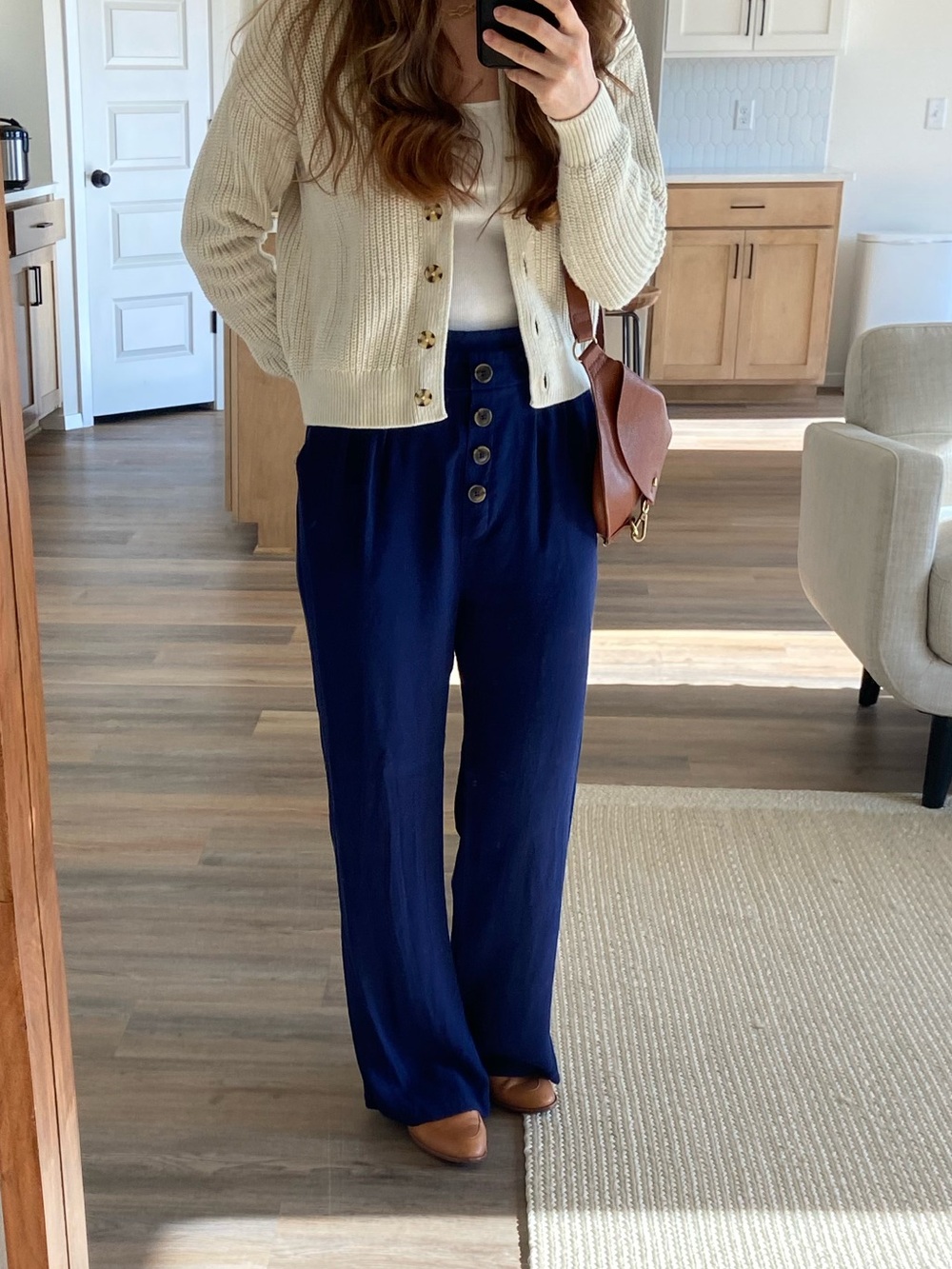 Navy Wide-Leg Pants with Button Detail